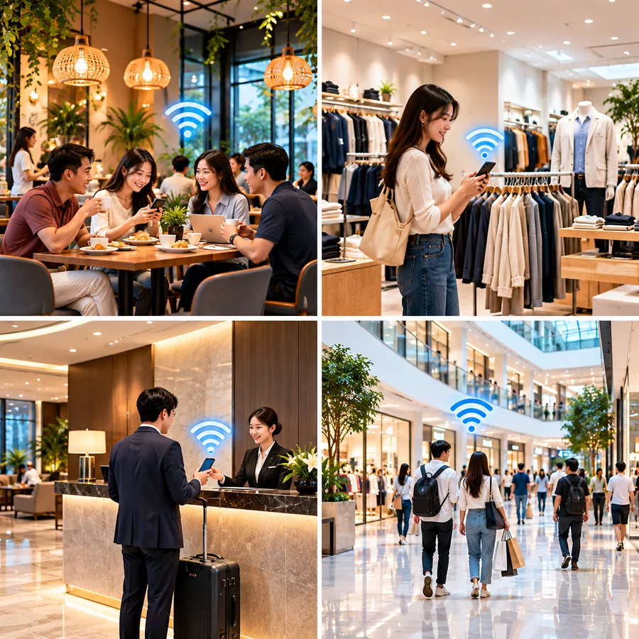 Minh họa Wi-Fi Marketing tại quán cà phê, cửa hàng bán lẻ, khách sạn và trung tâm thương mại