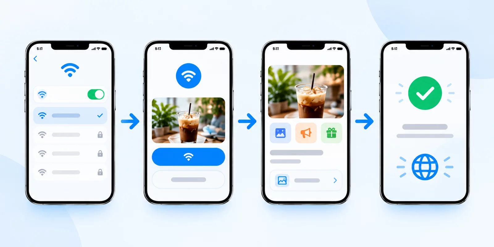 Bốn bước minh họa: chọn Wi-Fi, xem trang chào Captive Portal, xem nội dung marketing và truy cập Internet