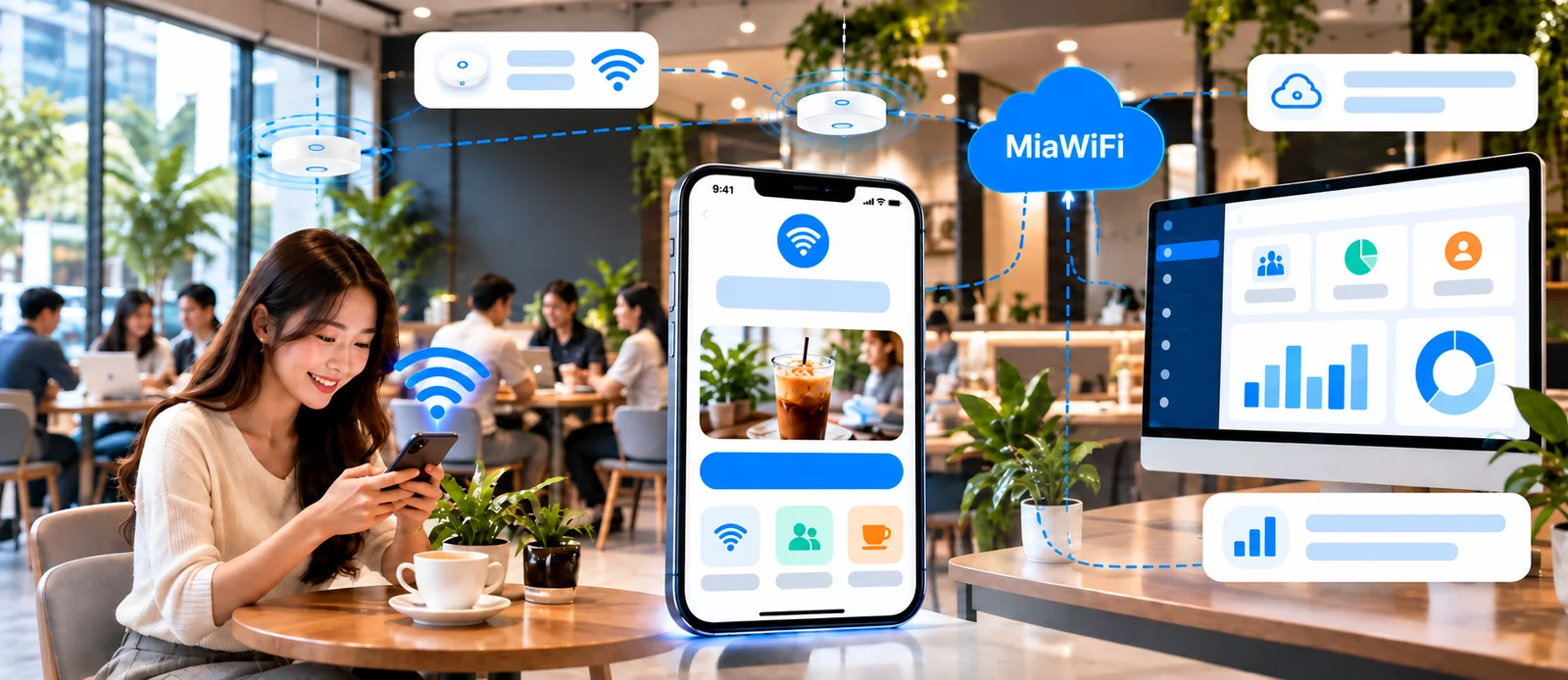 Khách dùng Wi-Fi tại quán cà phê; hạ tầng kết nối với nền tảng MiaWiFi và màn hình báo cáo minh họa